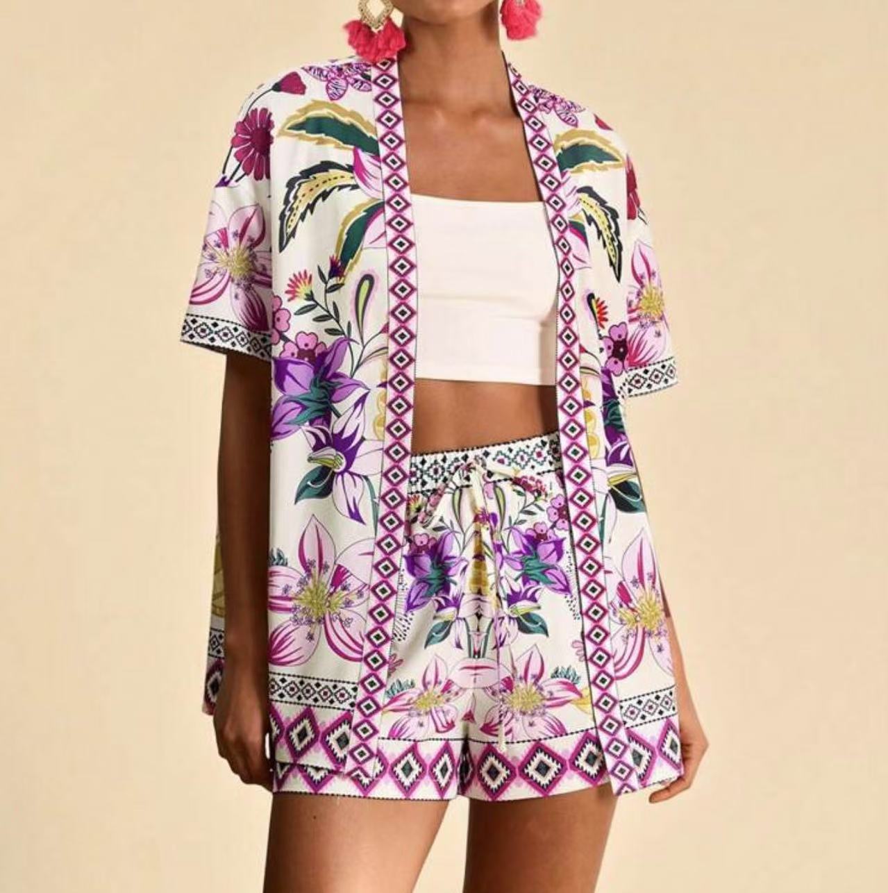 lusailstore - summer new fashion casual printed cardigan shorts sets
