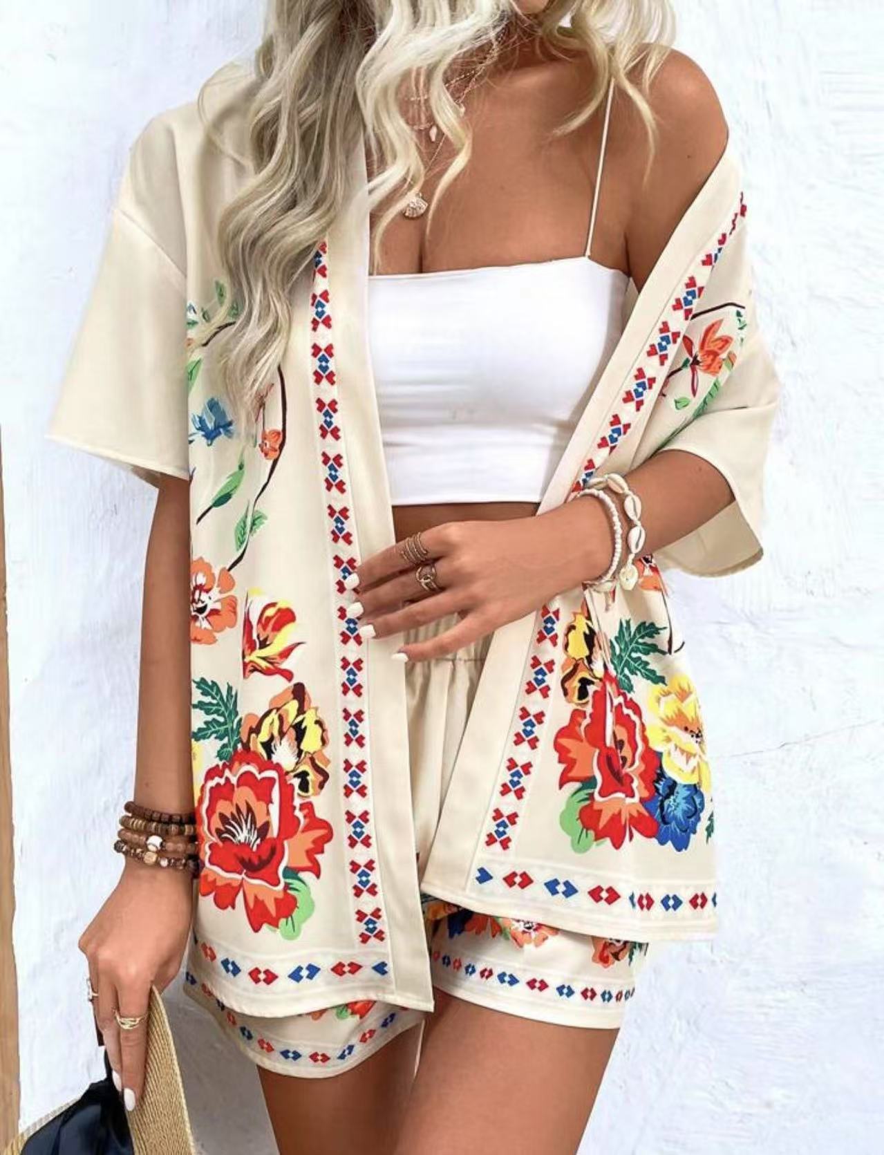 lusailstore - summer new fashion casual printed cardigan shorts sets