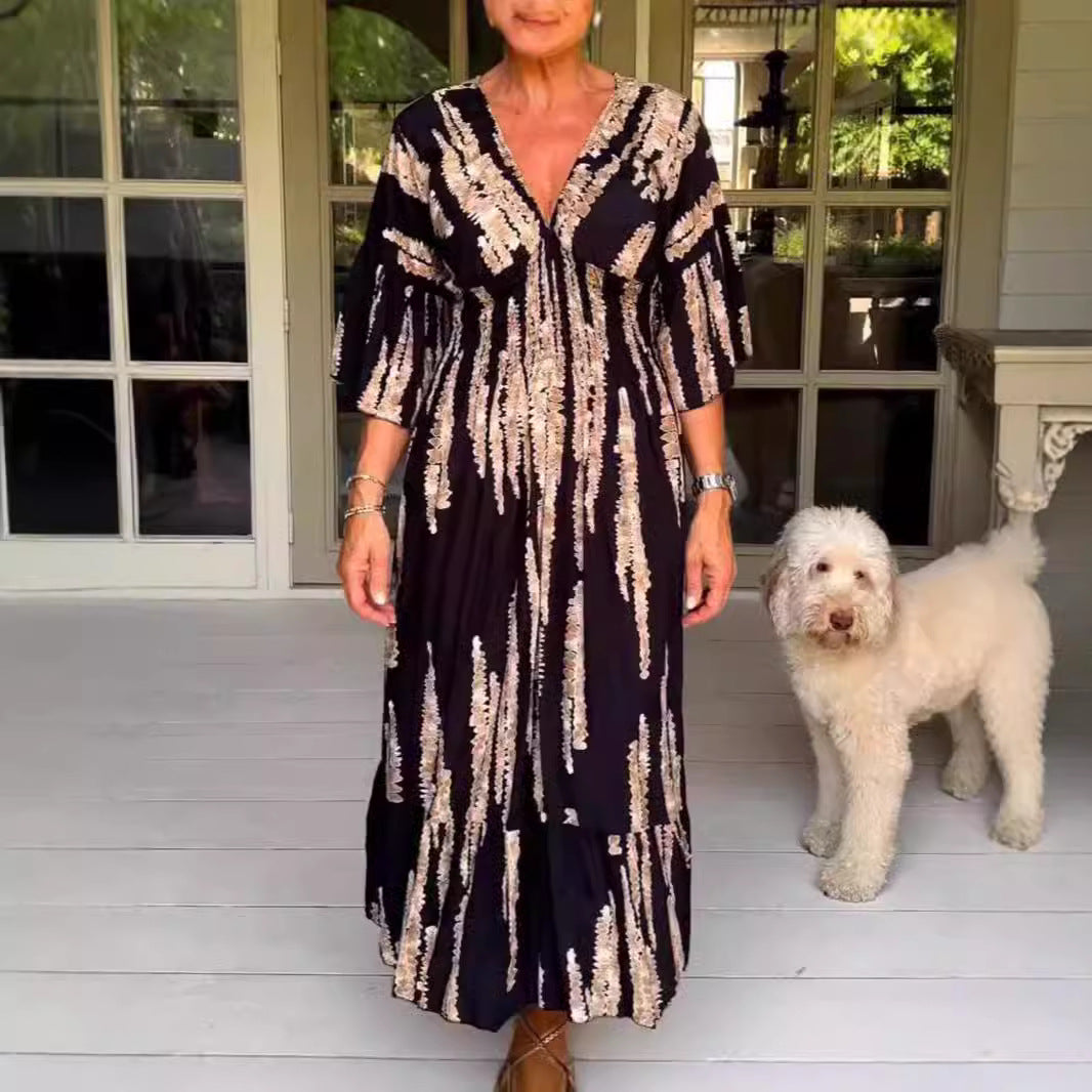 lusailstore - V-neck tie-dye print dress