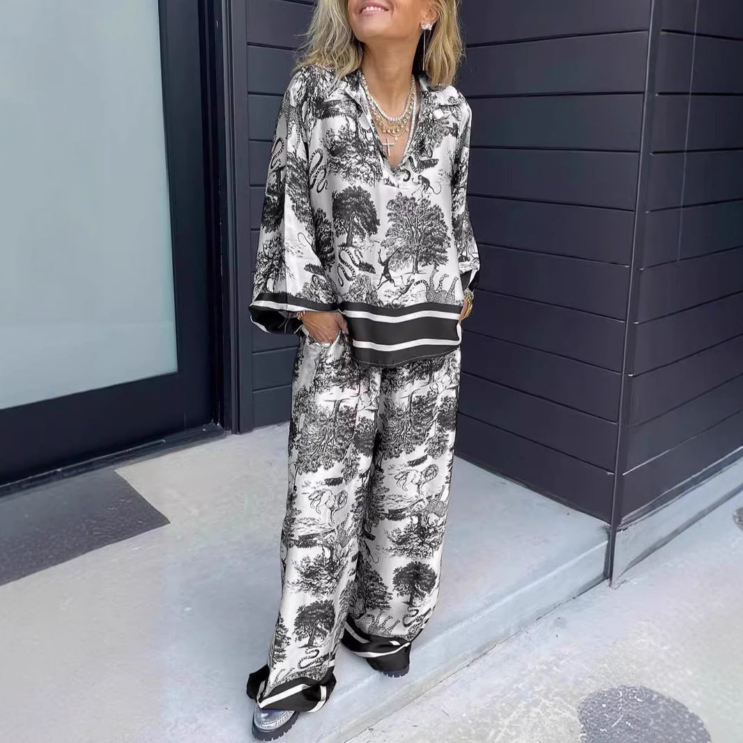 lusailstore - Women's V-neck long-sleeved printed casual suit