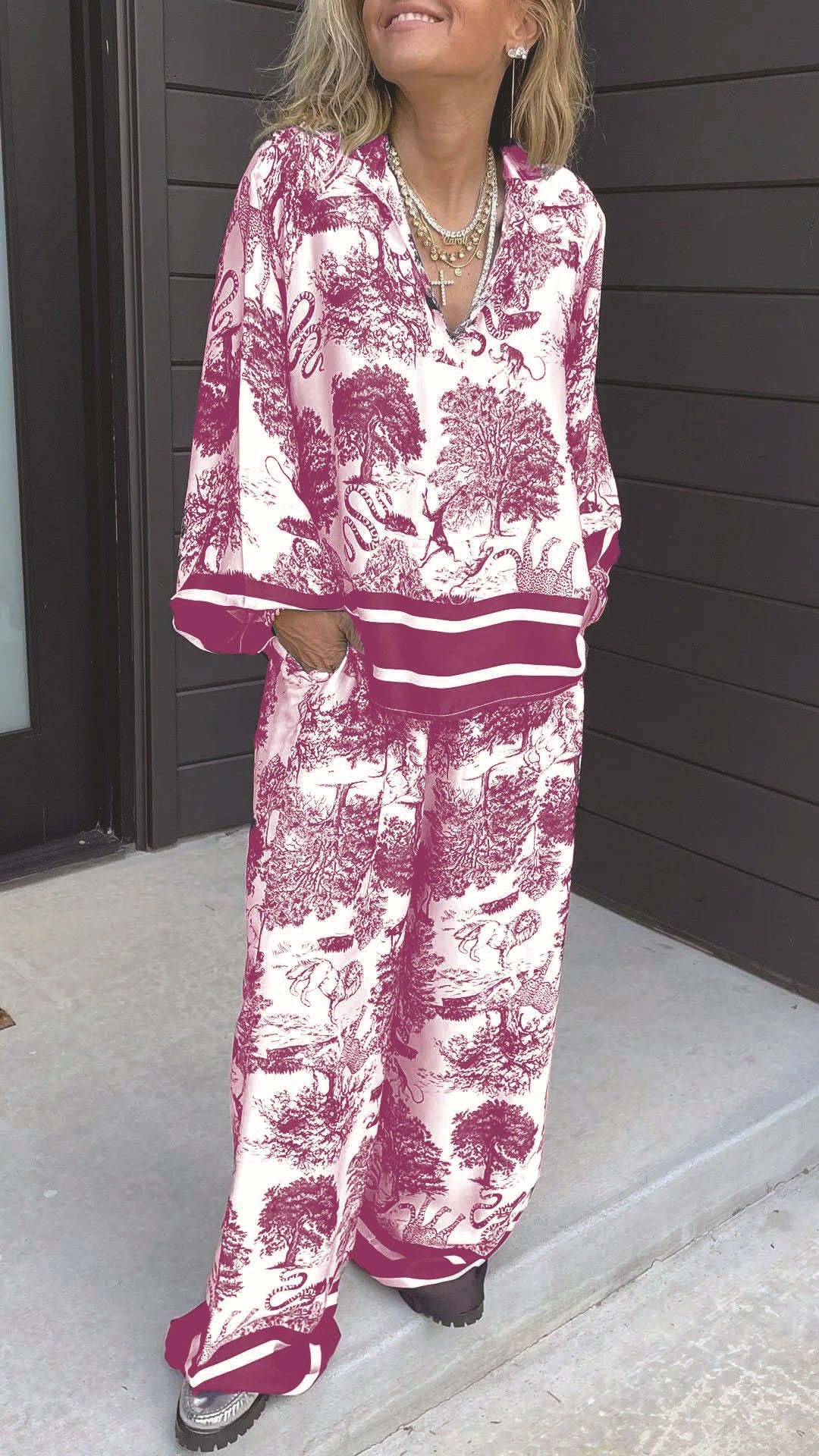 lusailstore - Women's V-neck long-sleeved printed casual suit