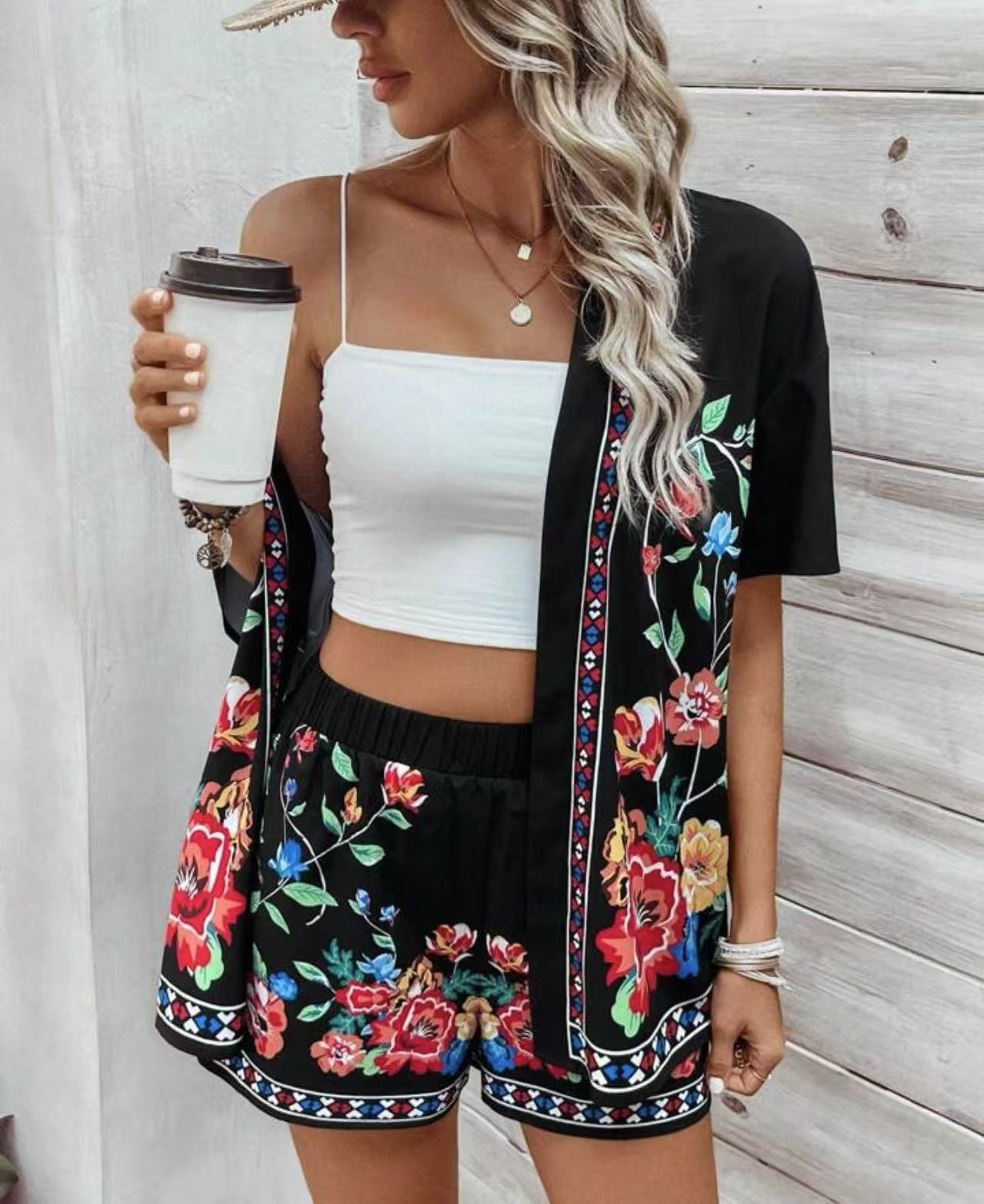 lusailstore - summer new fashion casual printed cardigan shorts sets