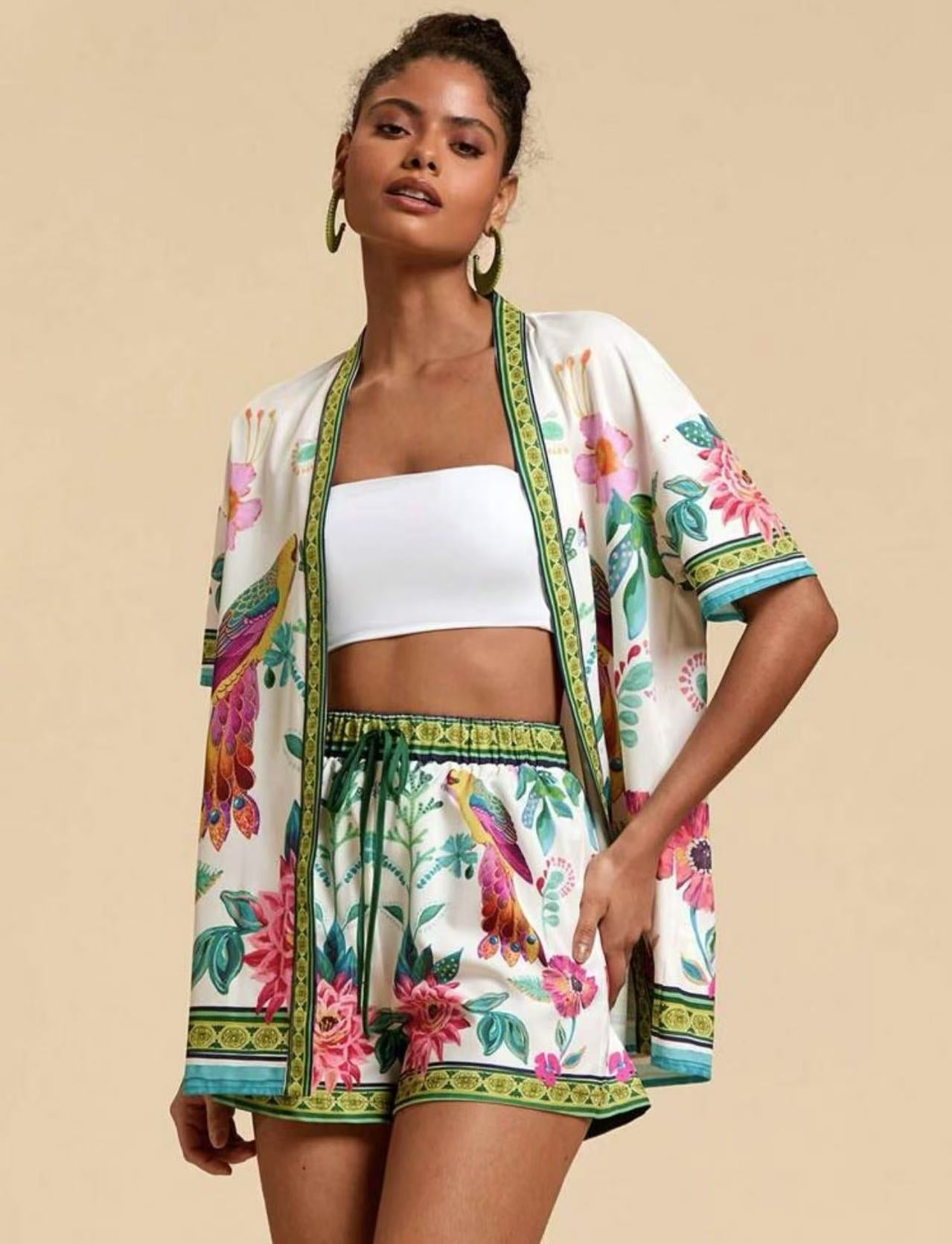 lusailstore - summer new fashion casual printed cardigan shorts sets