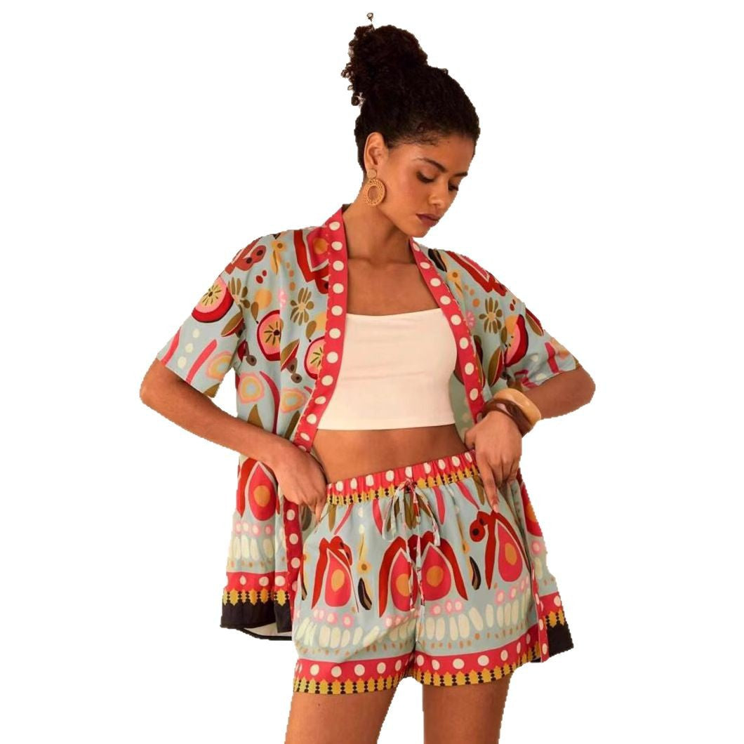 lusailstore - summer new fashion casual printed cardigan shorts sets