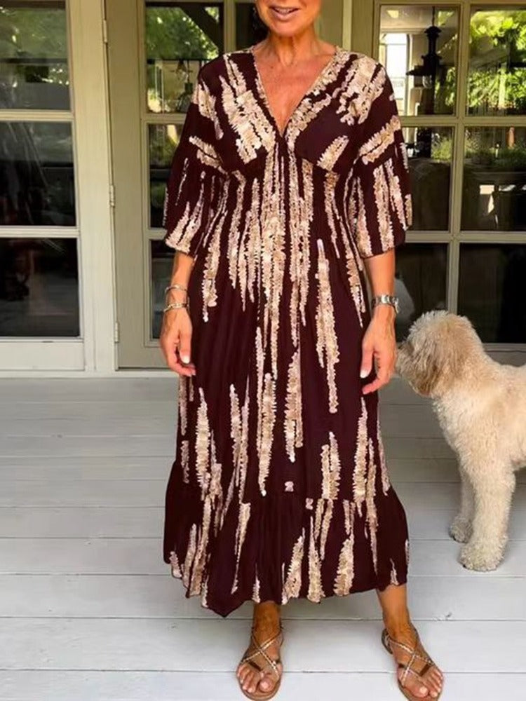 lusailstore - V-neck tie-dye print dress