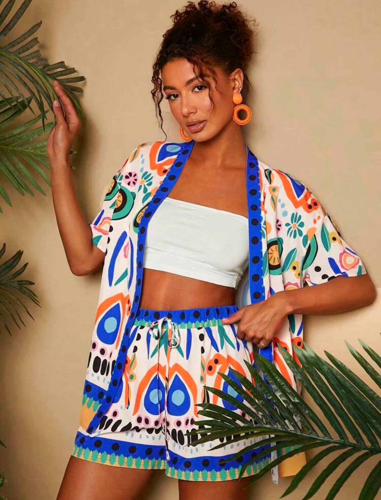 lusailstore - summer new fashion casual printed cardigan shorts sets