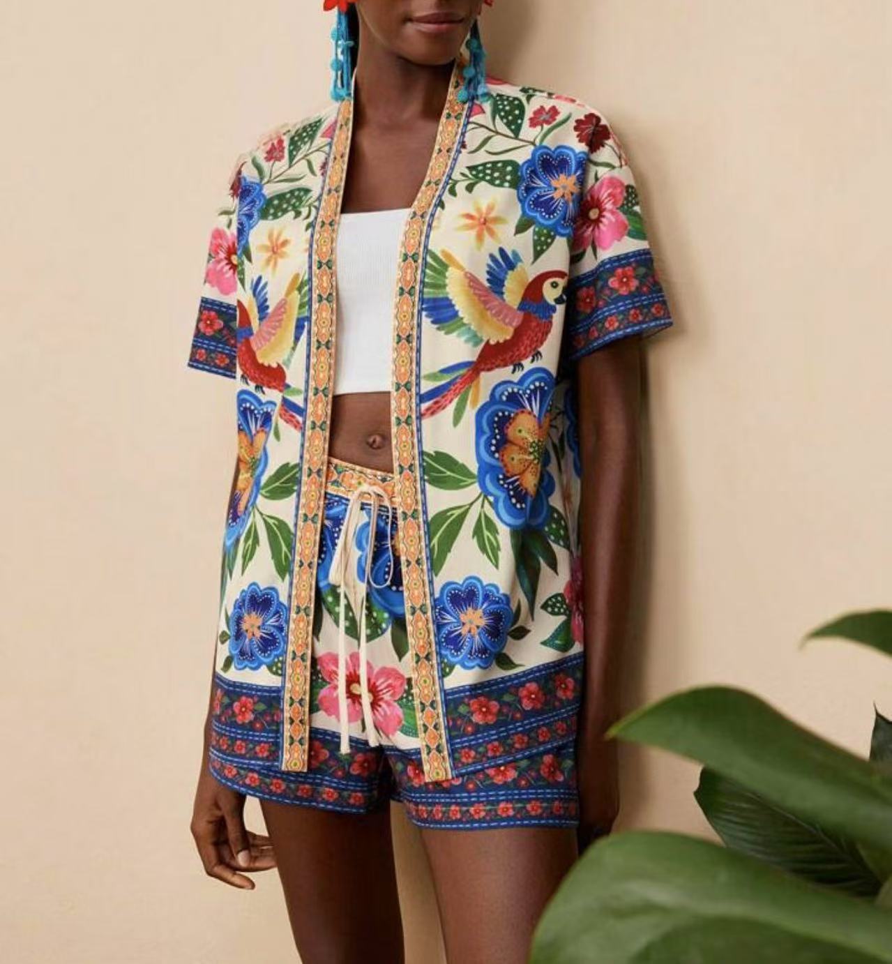 lusailstore - summer new fashion casual printed cardigan shorts sets