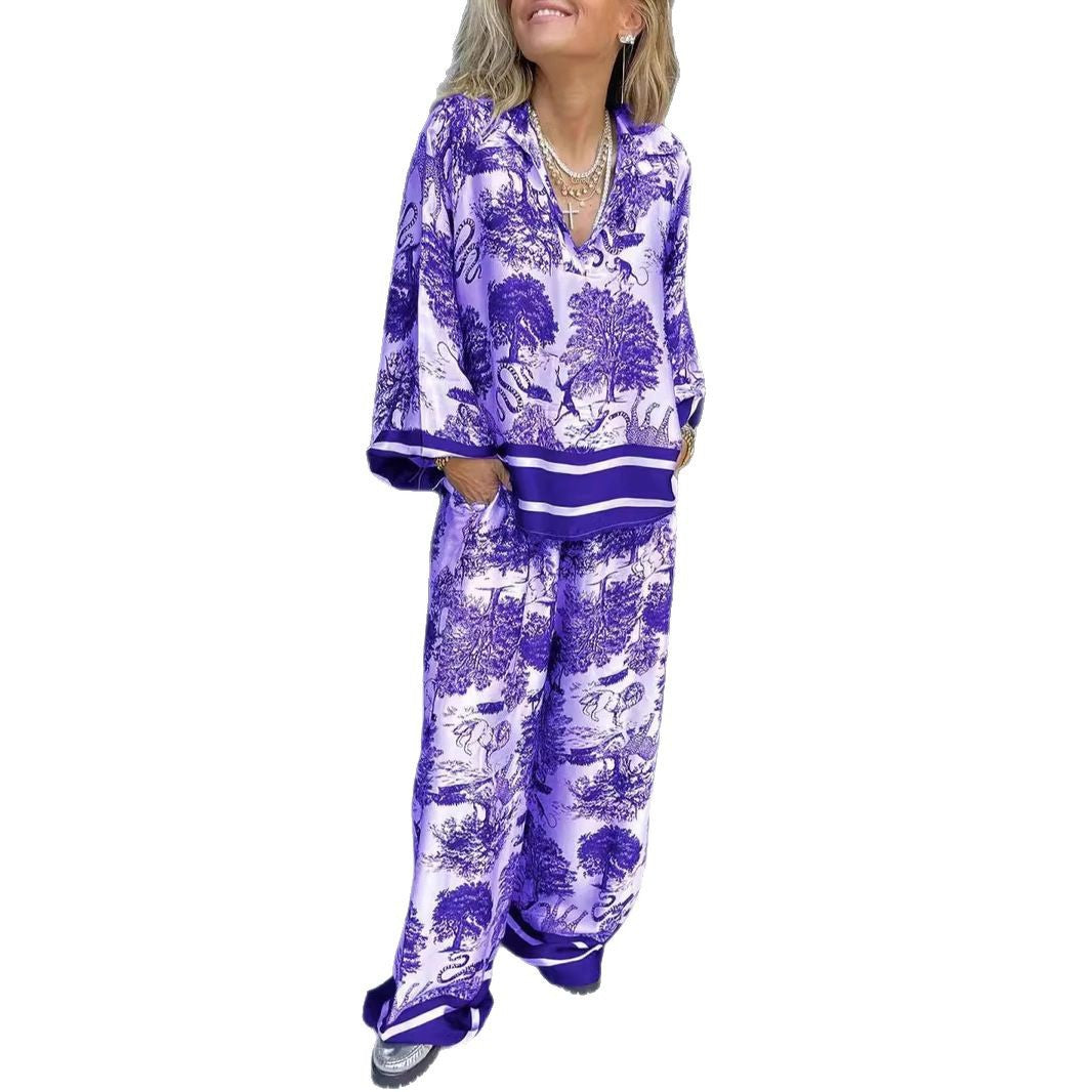 lusailstore - Women's V-neck long-sleeved printed casual suit