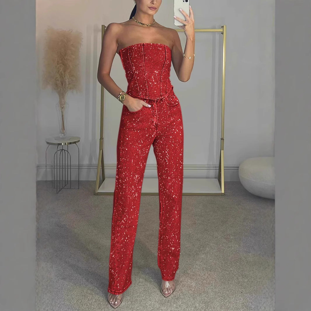 lusailstore - Women's sexy off-shoulder sparkling diamond pants suit