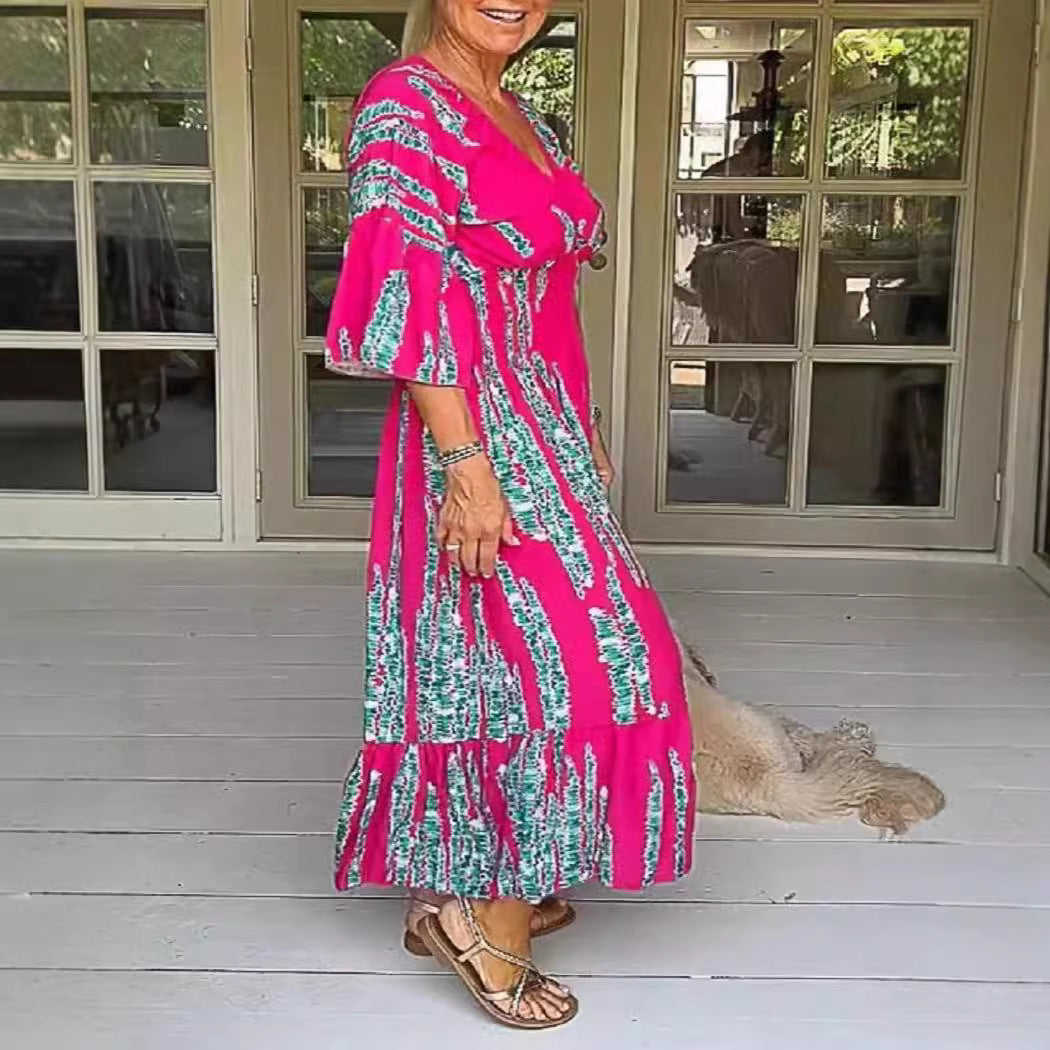 lusailstore - V-neck tie-dye print dress