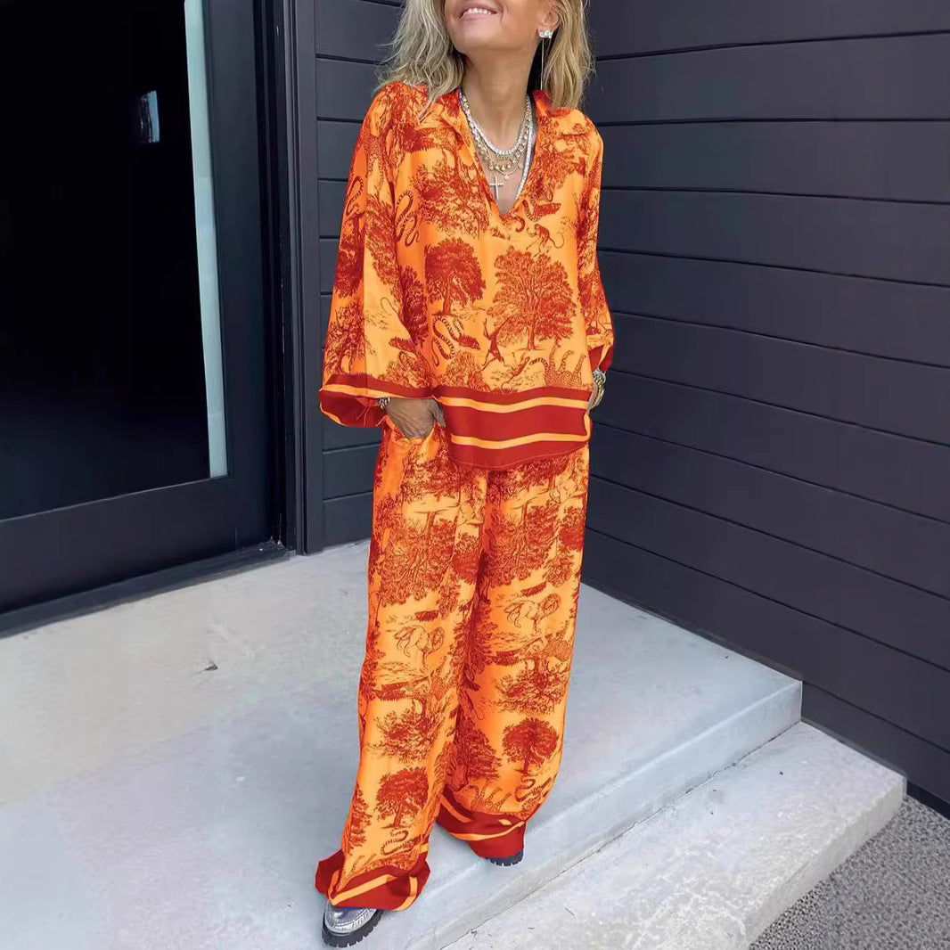 lusailstore - Women's V-neck long-sleeved printed casual suit