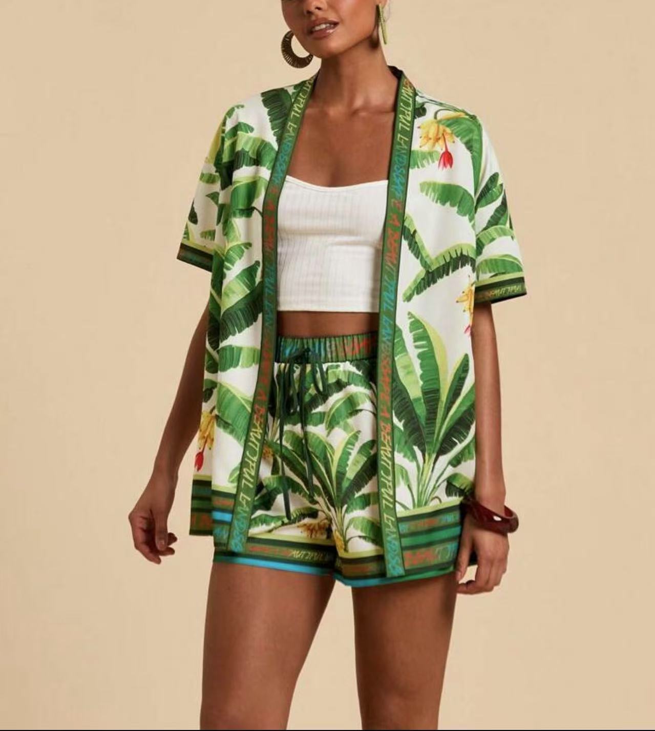 lusailstore - summer new fashion casual printed cardigan shorts sets