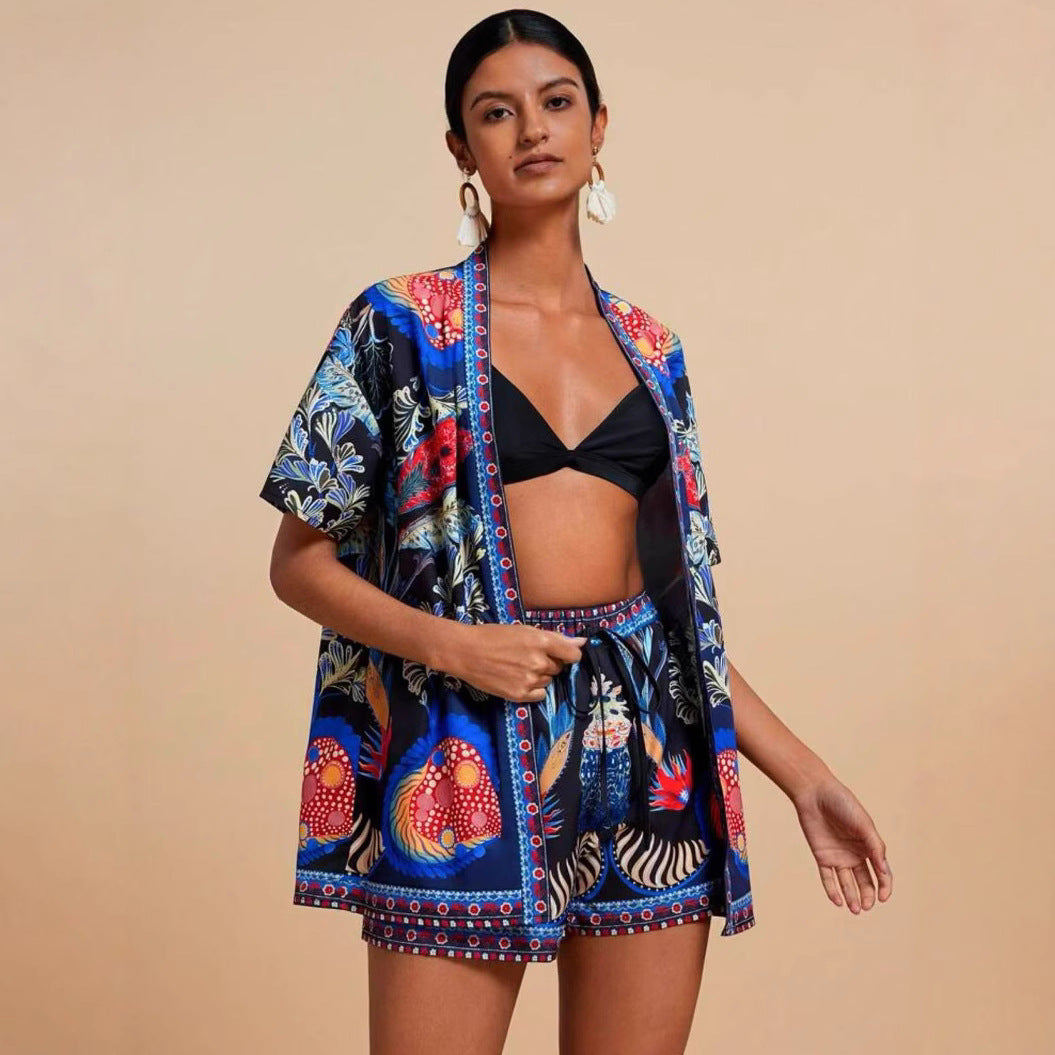lusailstore - summer new fashion casual printed cardigan shorts sets