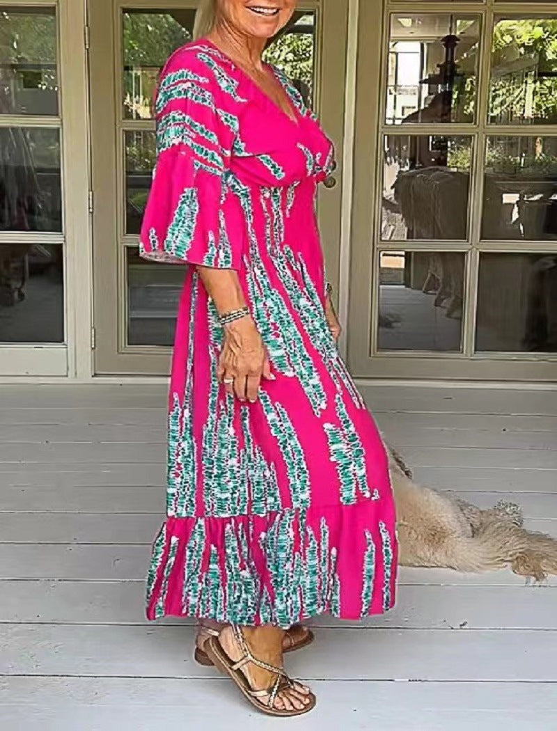 lusailstore - V-neck tie-dye print dress