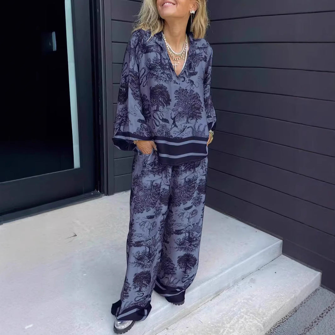 lusailstore - Women's V-neck long-sleeved printed casual suit