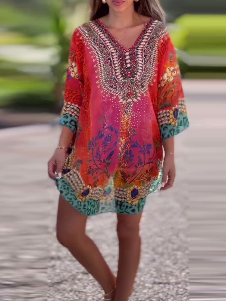lusailstore - loose printed v-neck ethnic style blouses