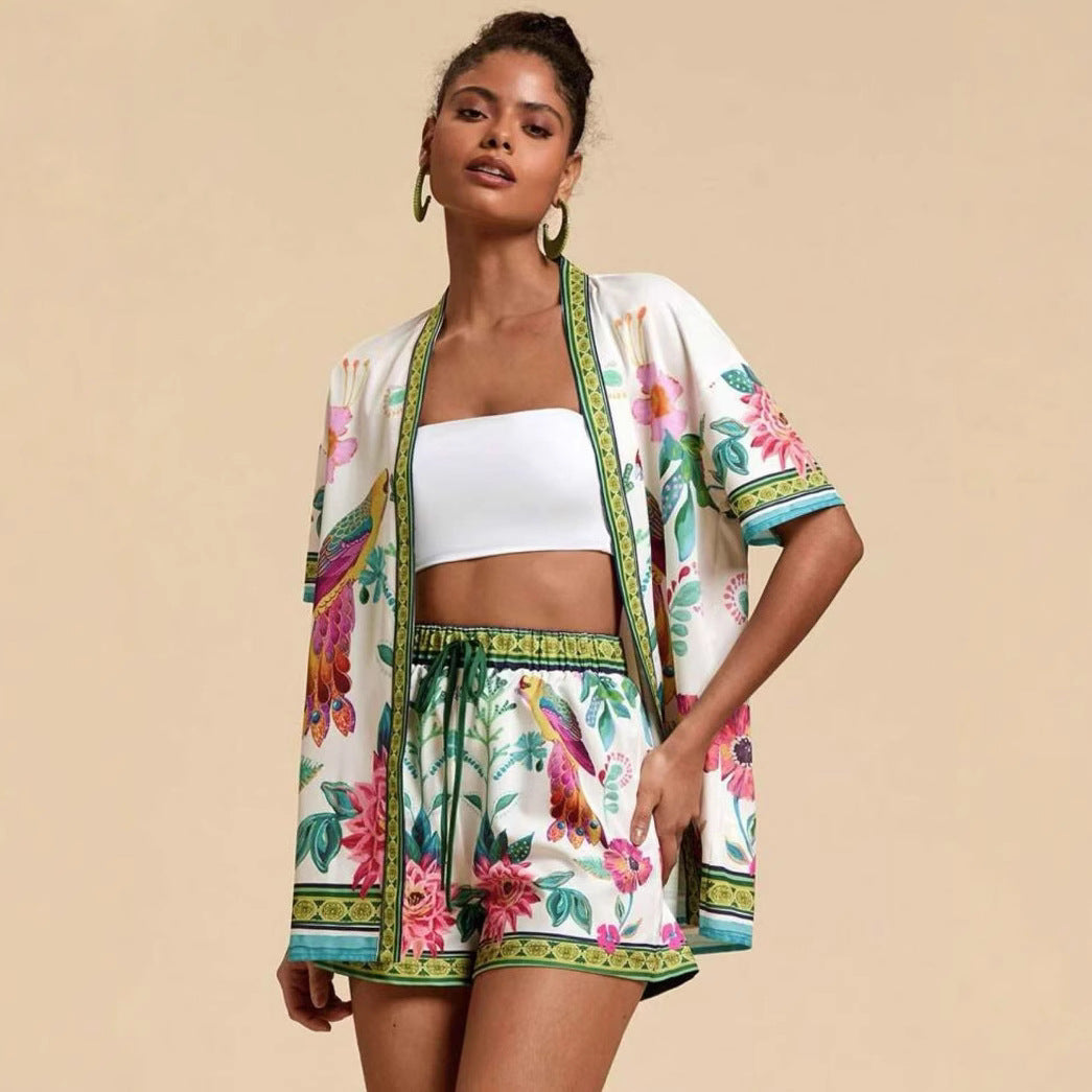 lusailstore - summer new fashion casual printed cardigan shorts sets