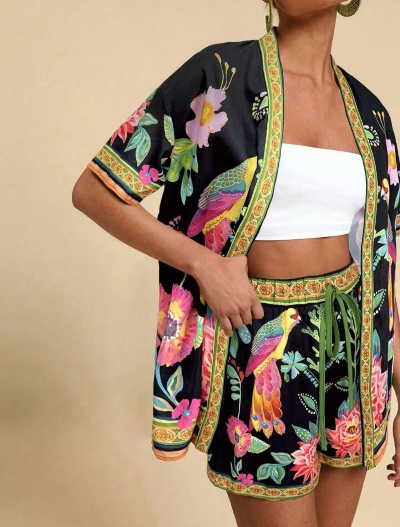 lusailstore - summer new fashion casual printed cardigan shorts sets