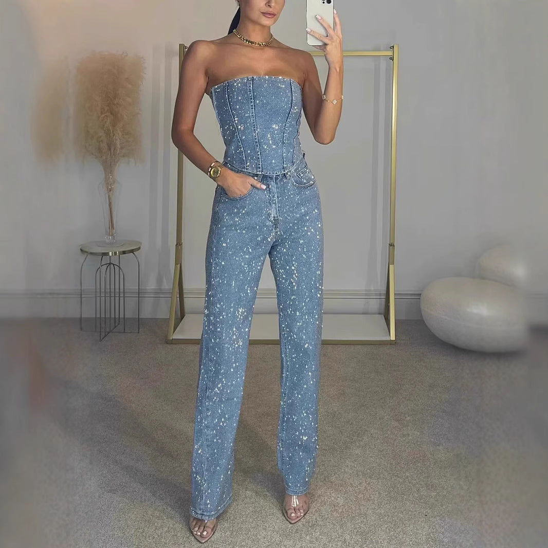 lusailstore - Women's sexy off-shoulder sparkling diamond pants suit