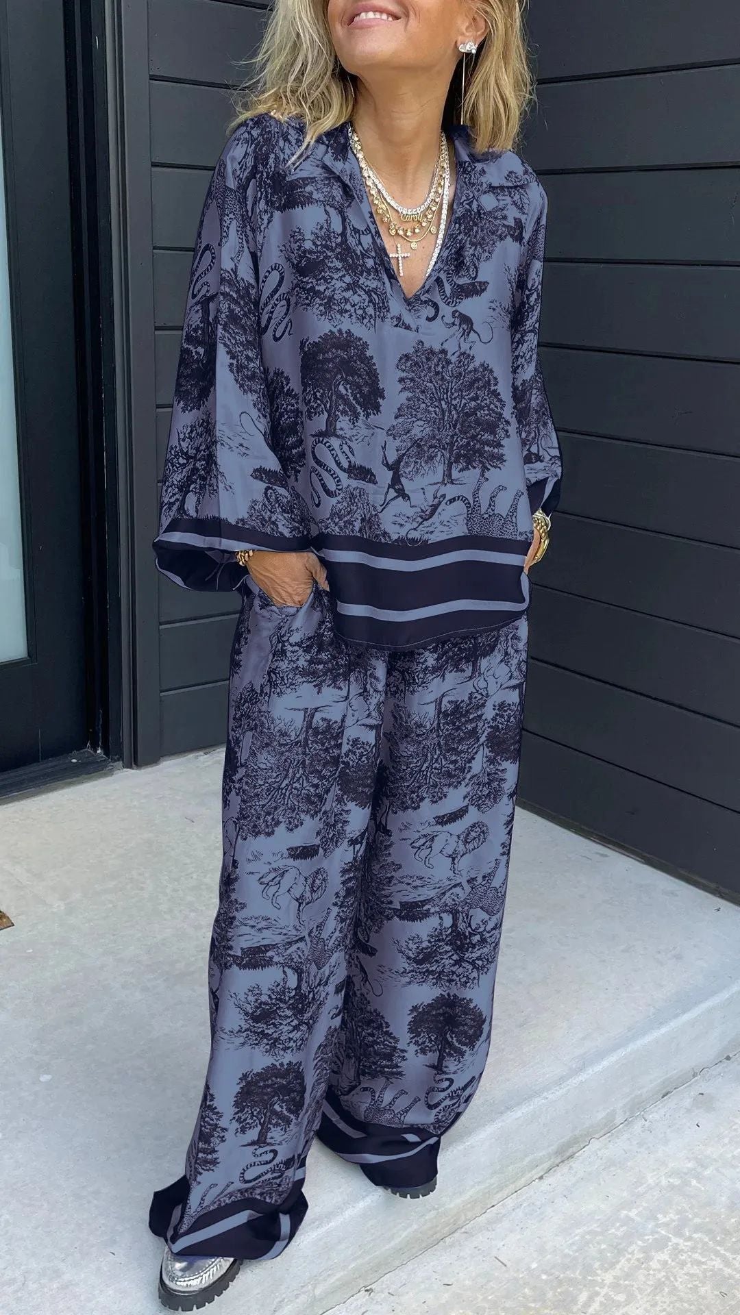 lusailstore - Women's V-neck long-sleeved printed casual suit