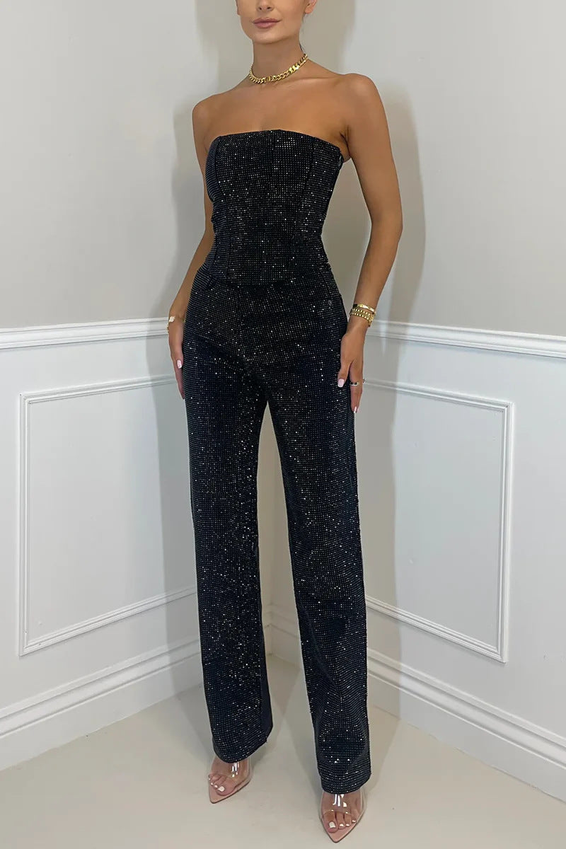 lusailstore - Women's sexy off-shoulder sparkling diamond pants suit