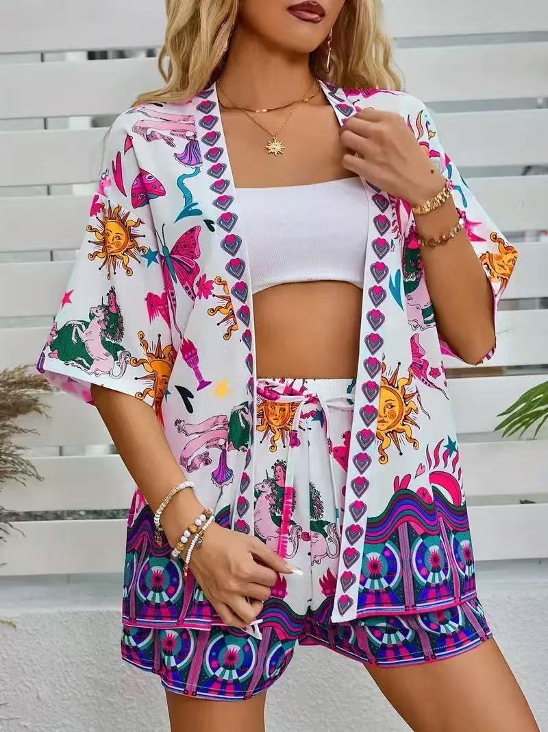 lusailstore - summer new fashion casual printed cardigan shorts sets