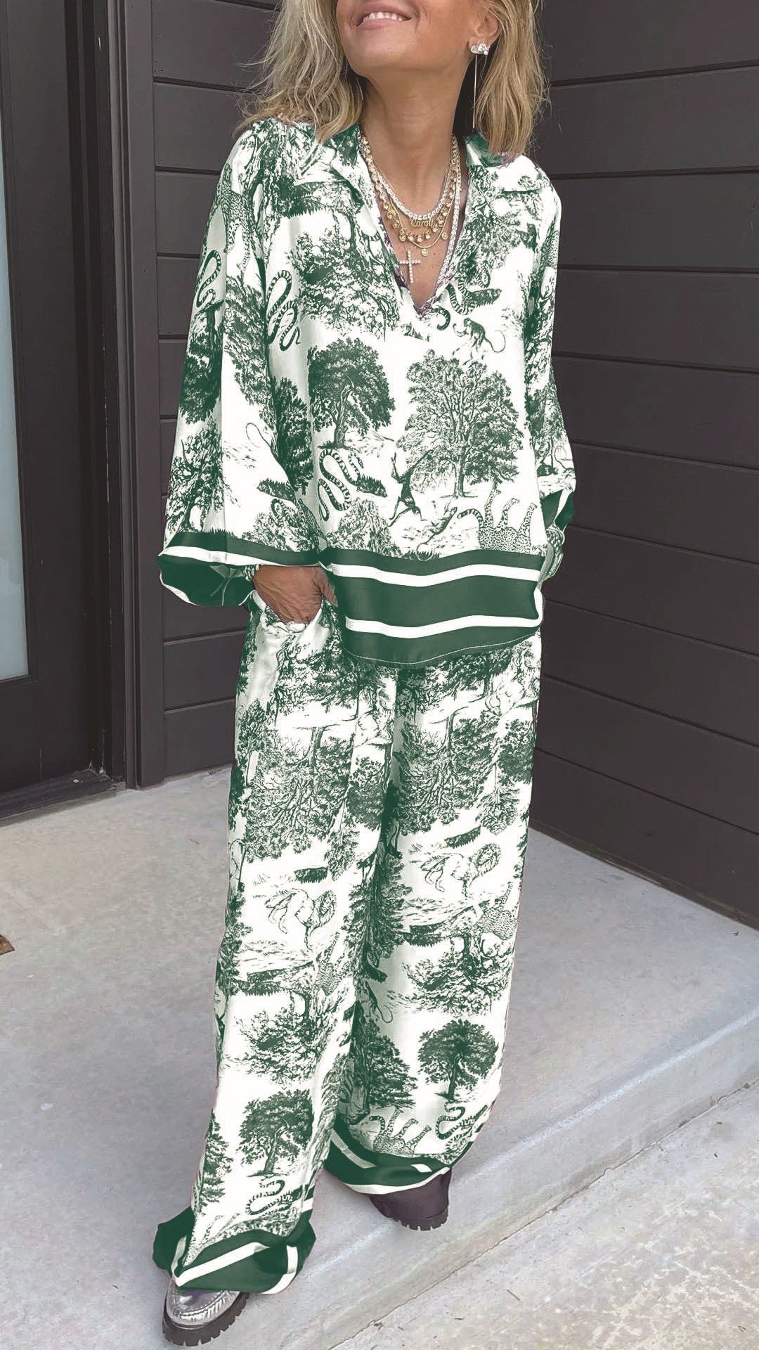 lusailstore - Women's V-neck long-sleeved printed casual suit