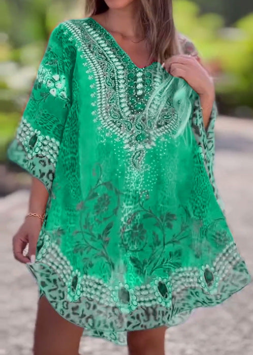 lusailstore - loose printed v-neck ethnic style blouses