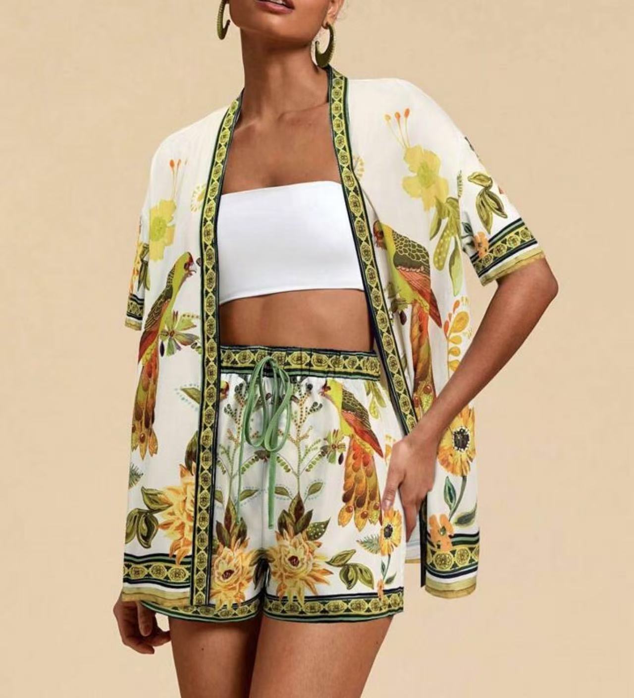 lusailstore - summer new fashion casual printed cardigan shorts sets