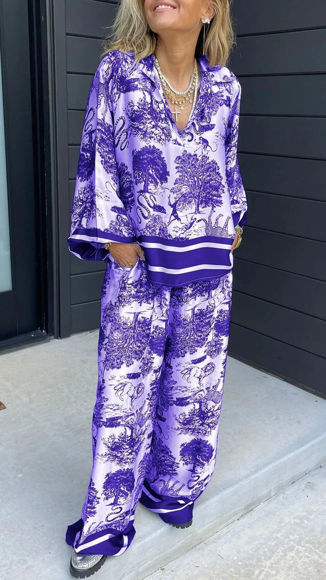 lusailstore - Women's V-neck long-sleeved printed casual suit