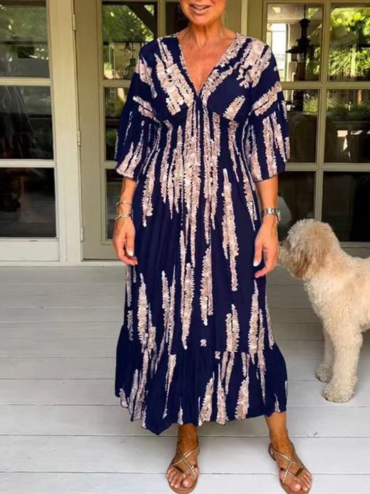 lusailstore - V-neck tie-dye print dress