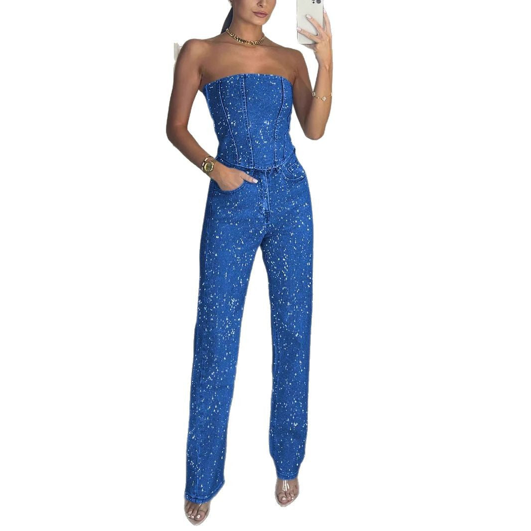 lusailstore - Women's sexy off-shoulder sparkling diamond pants suit