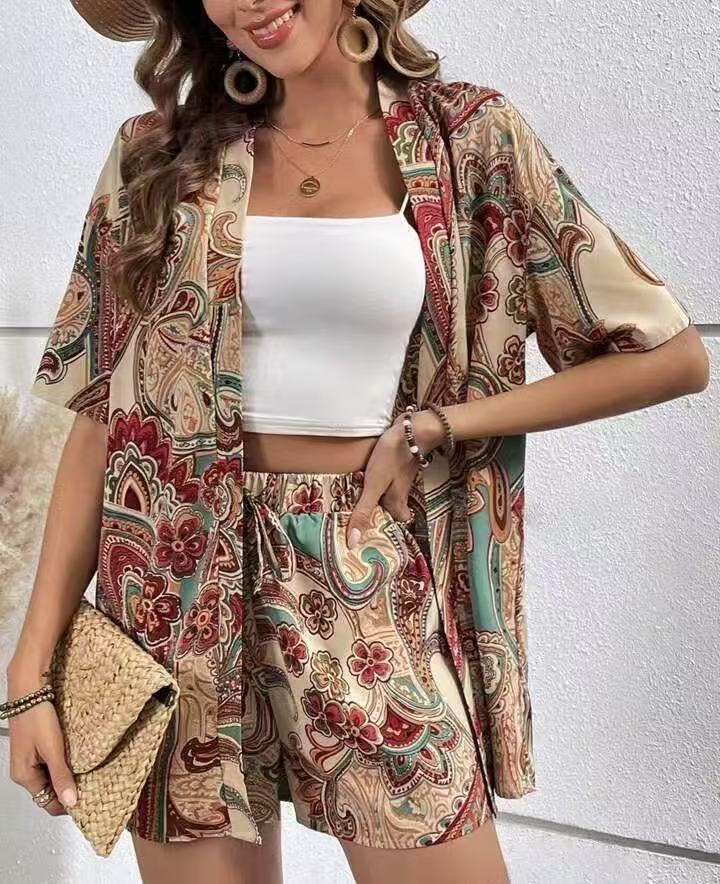 lusailstore - summer new fashion casual printed cardigan shorts sets