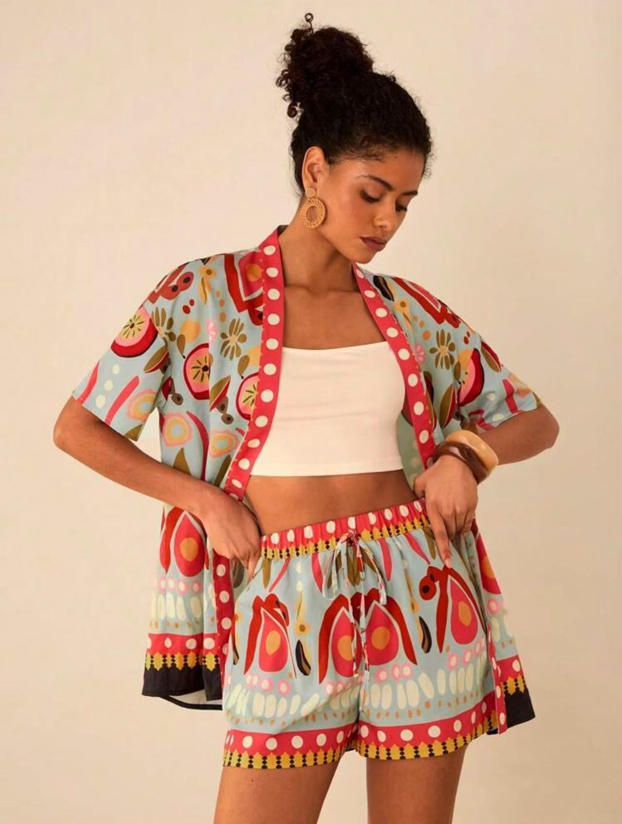 lusailstore - summer new fashion casual printed cardigan shorts sets