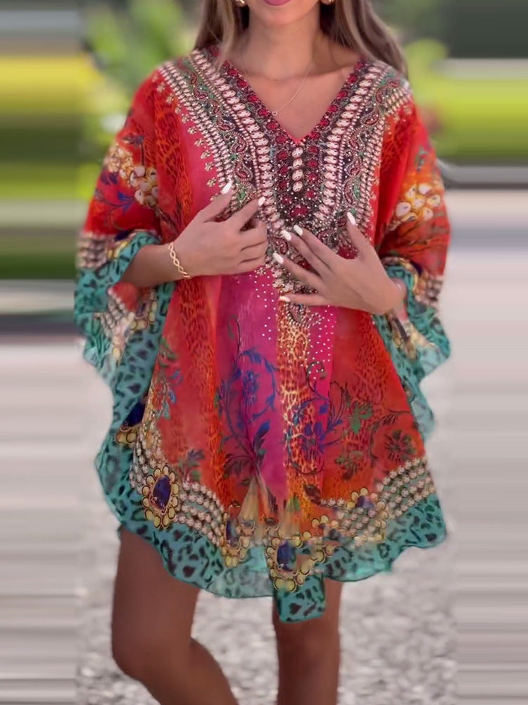 lusailstore - loose printed v-neck ethnic style blouses
