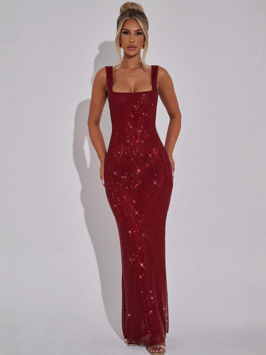 lusailstore - Sparkling Square Neck Sequined Maxi Dress