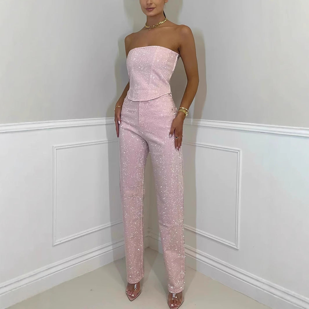 lusailstore - Women's sexy off-shoulder sparkling diamond pants suit