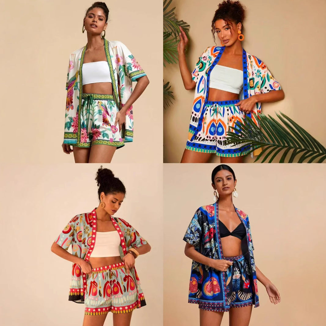 lusailstore - summer new fashion casual printed cardigan shorts sets