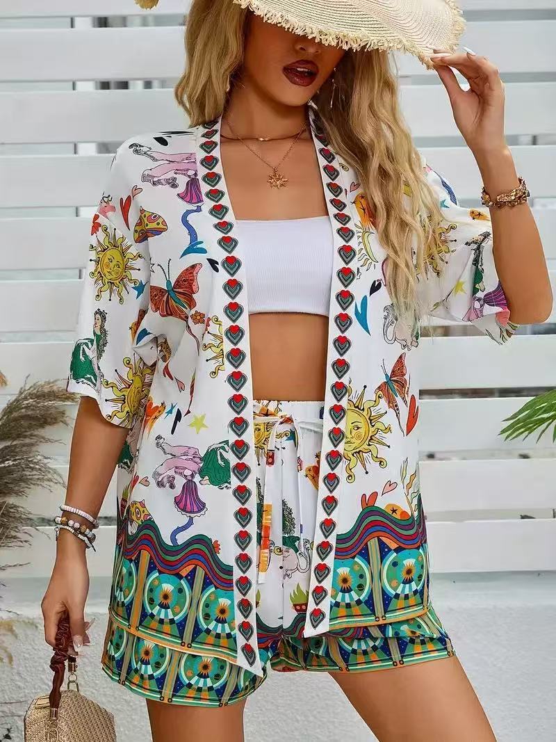 lusailstore - summer new fashion casual printed cardigan shorts sets