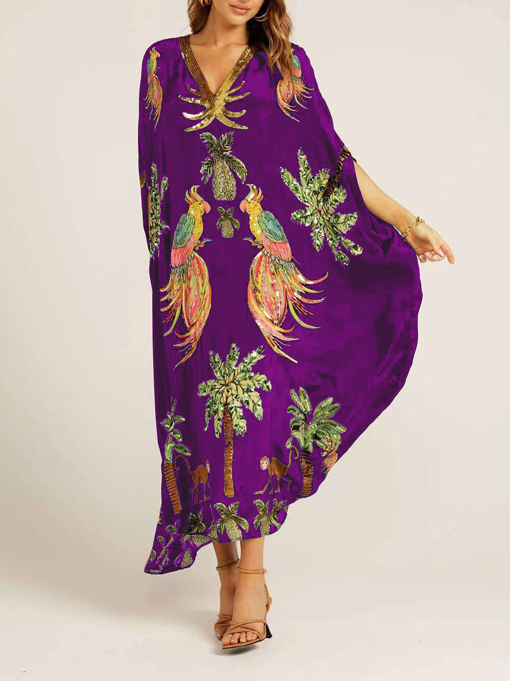 lusailstore - dropped sleeve coconut tree print dress