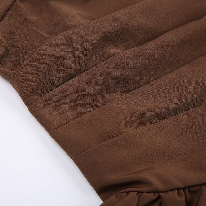 lusailstore-Brown Square Neck Long-Sleeve Pleated Dress