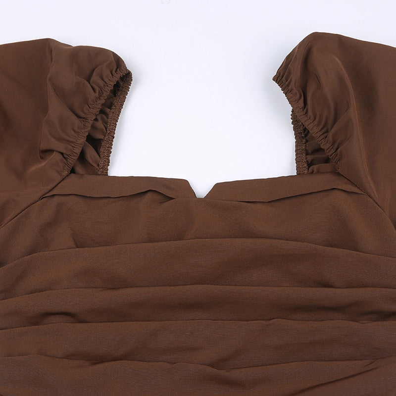lusailstore-Brown Square Neck Long-Sleeve Pleated Dress