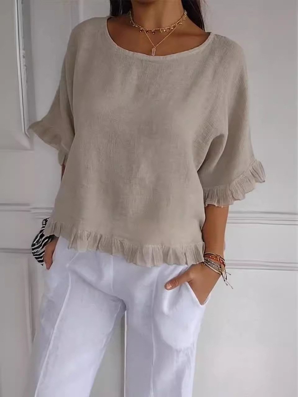 lusailstore - round neck ruffled hem mid sleeve cotton and linen top