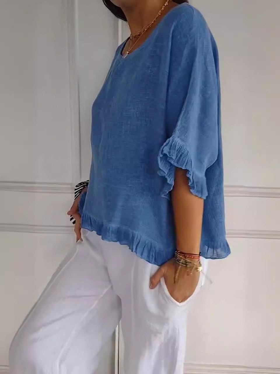 lusailstore - round neck ruffled hem mid sleeve cotton and linen top