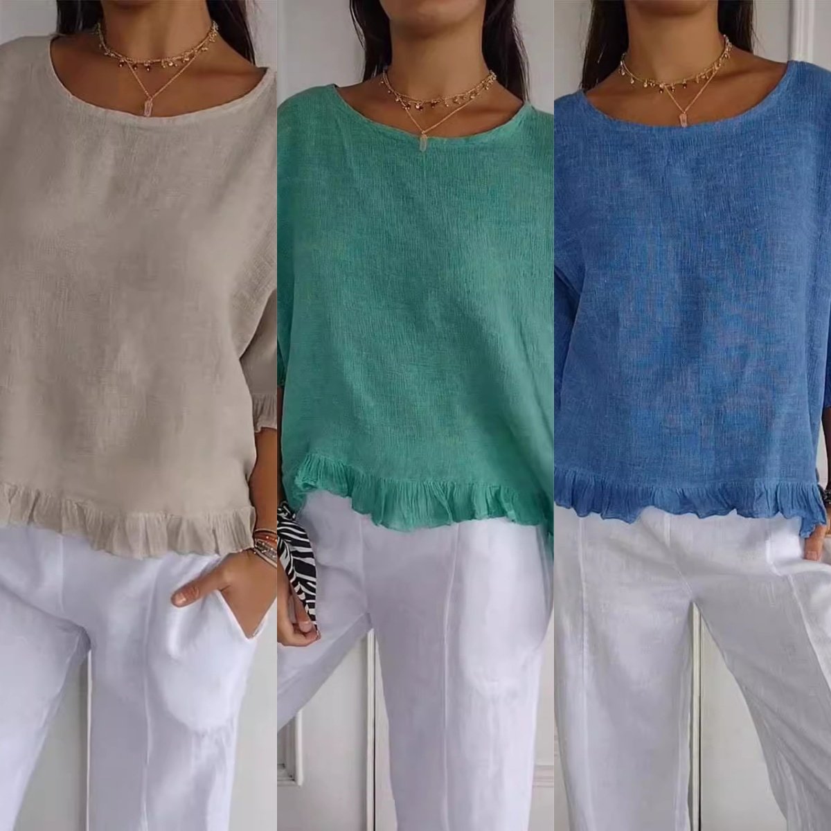 lusailstore - round neck ruffled hem mid sleeve cotton and linen top