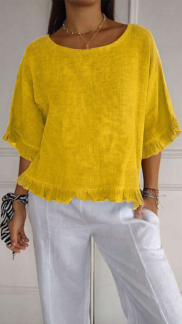 lusailstore - round neck ruffled hem mid sleeve cotton and linen top