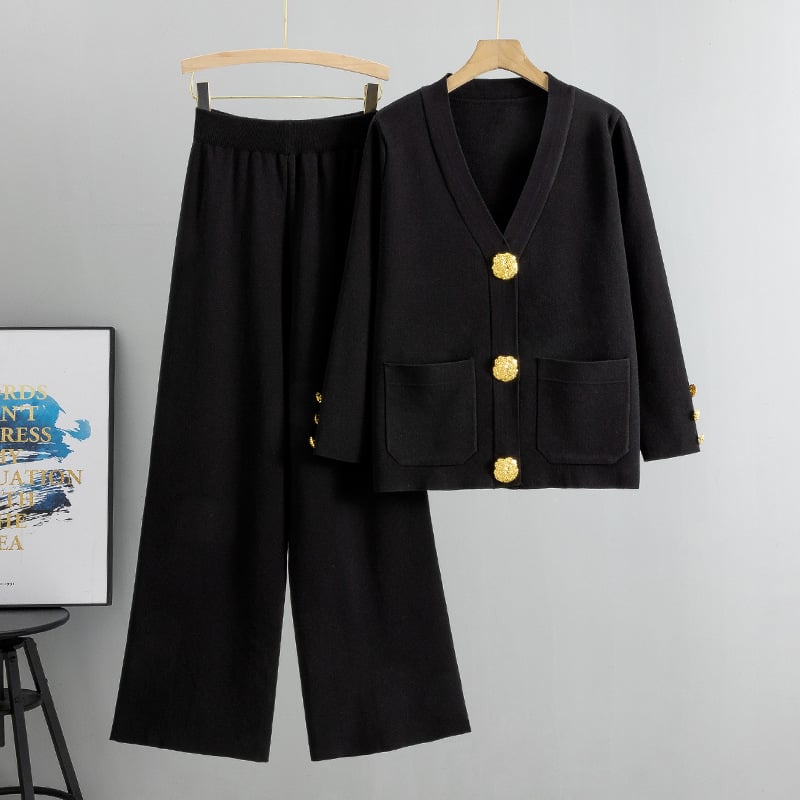lusailstore - metal button wool sweater wide-leg pants suits