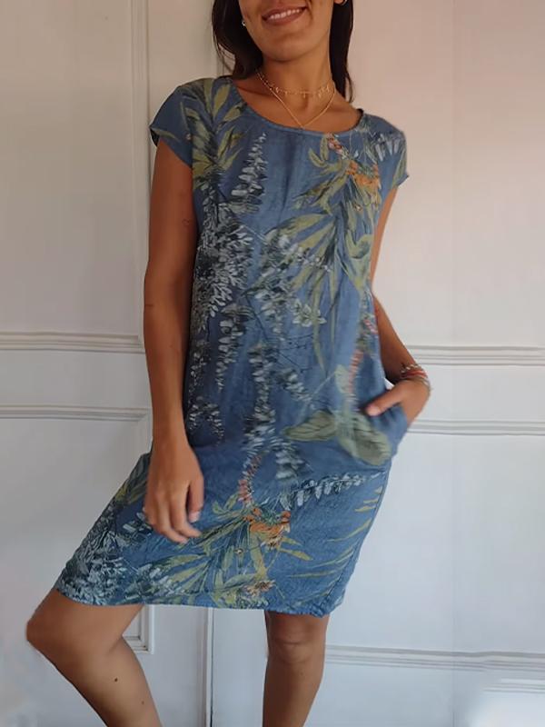 lusailstore - Women's Cotton & Linen Round Neck Printed Dress