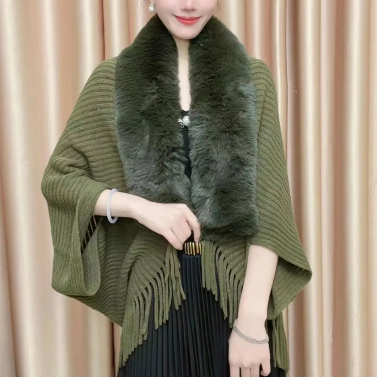 lusailstore - Winter knitted tassel fur collar shawl