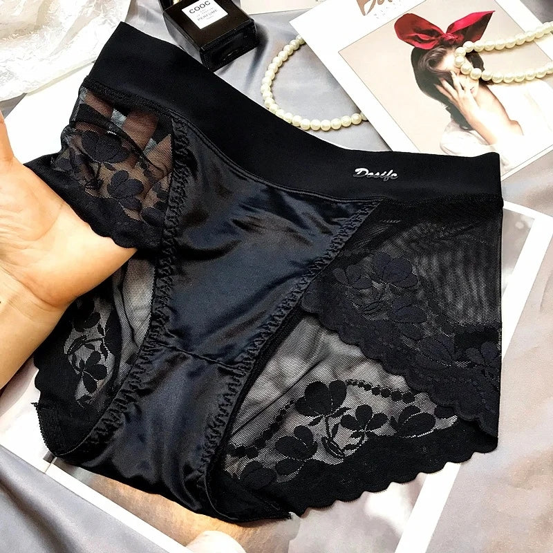 lusailstore - Women's High-end Satin Light Luxury Lace Breathable Mesh Cotton Briefs